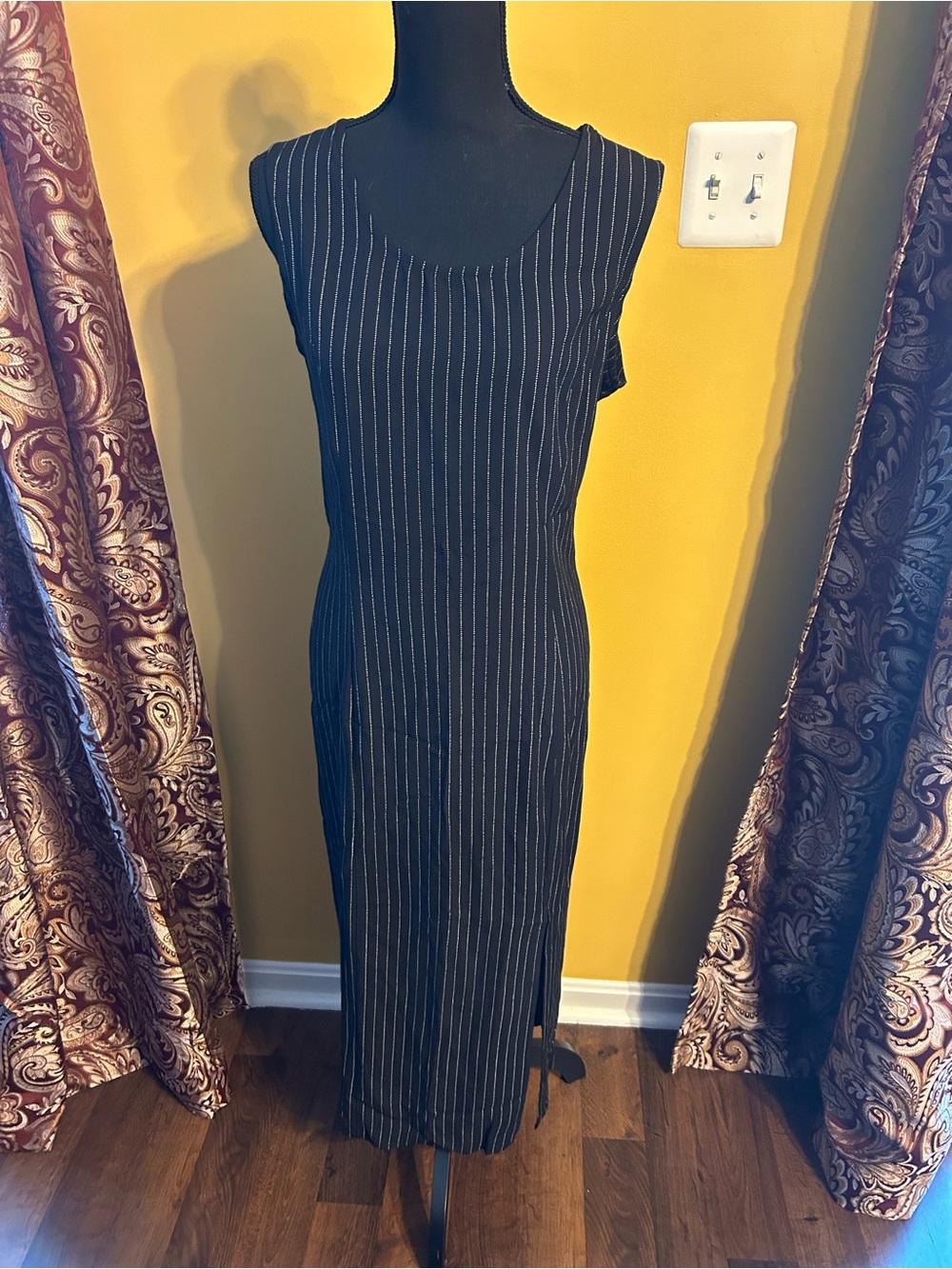 Sleeveless Slit Front Black Pinstripe Maxi Dress